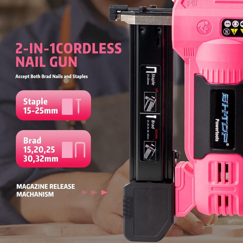 BHTOP 20V Cordless Brad Nailer＆Stapler, 18 Gauge 2 in 1 Stapler Kit, Heavy Finish Nail Gun with 2.0A Rechargeable Battery, Charger, 2500 Brad Nails and 500 Staples in Pink - Image 2